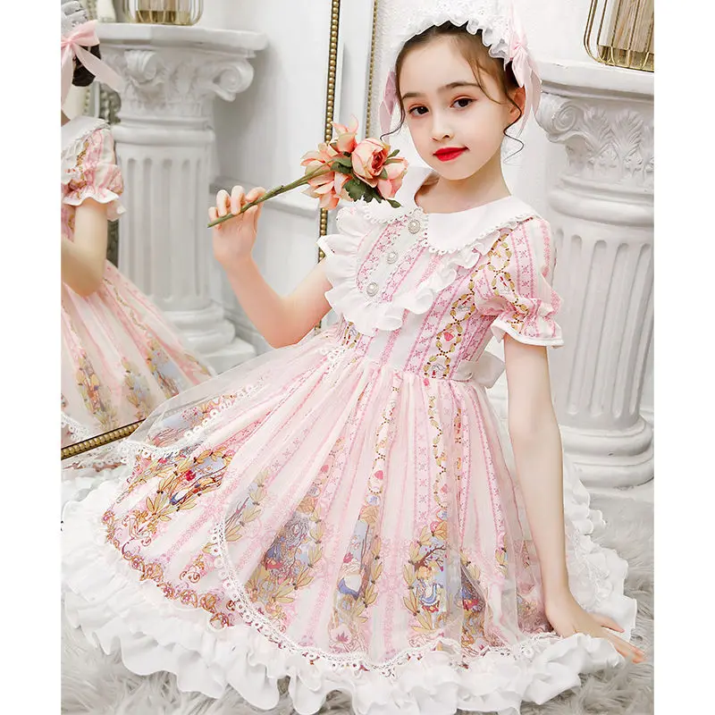 Japanese Sweet Kawaii Lolita Dress Girls Vintage Victorian Gothic Animal Short Sleeve Bow Lace Princess Tea Party Dress Big Size