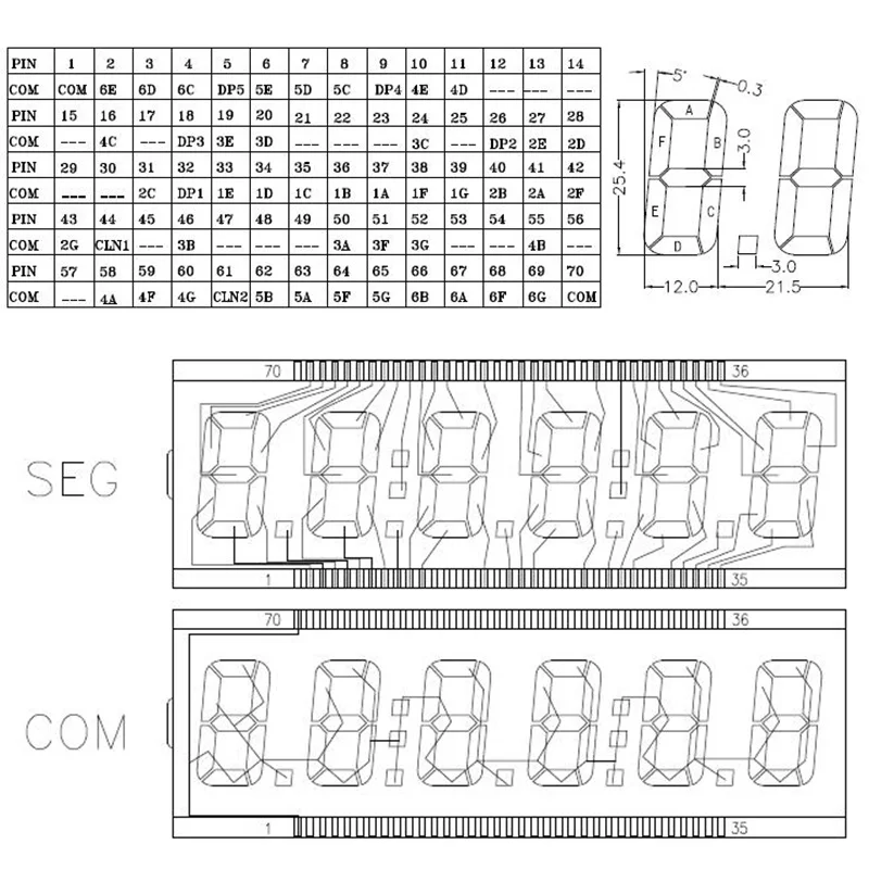 70PIN TN Positif 6-Digits Segmen LCD Panel 5V (Tanpa Lampu Belakang) Tampilan Tanker