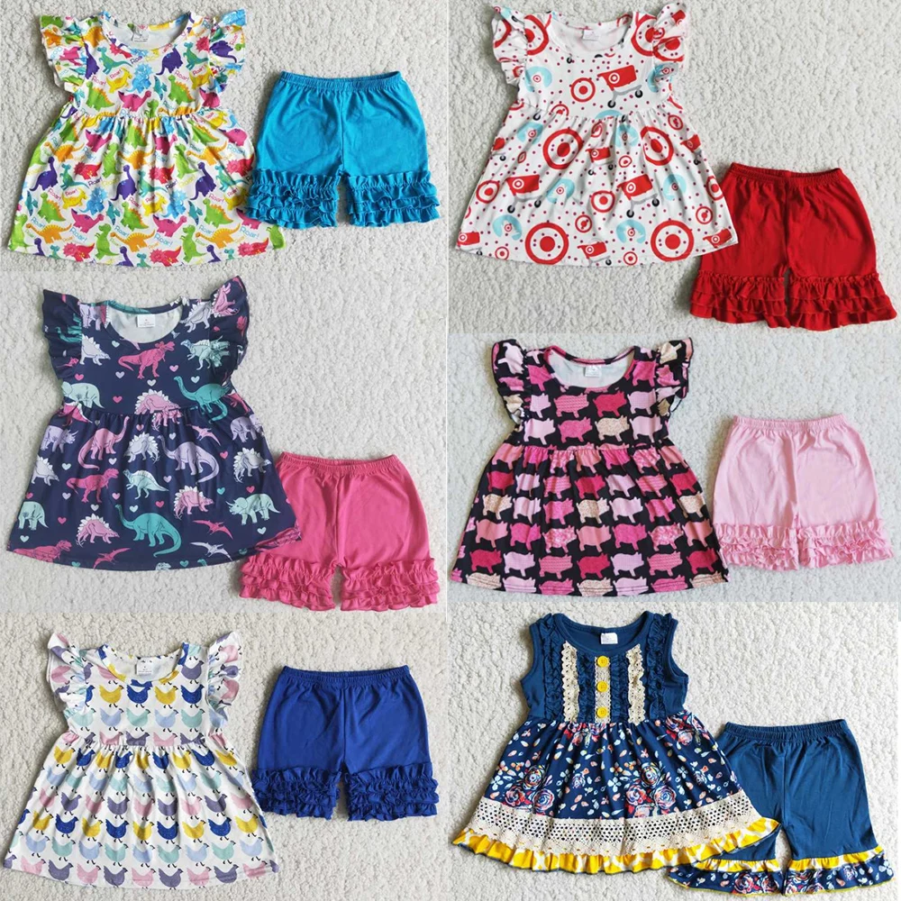 Gran oferta de ropa de diseñador para niños, trajes de verano para niñas, conjuntos de ropa de moda para niñas, vestidos de Boutique, pantalones cortos con glaseado, conjunto al por mayor