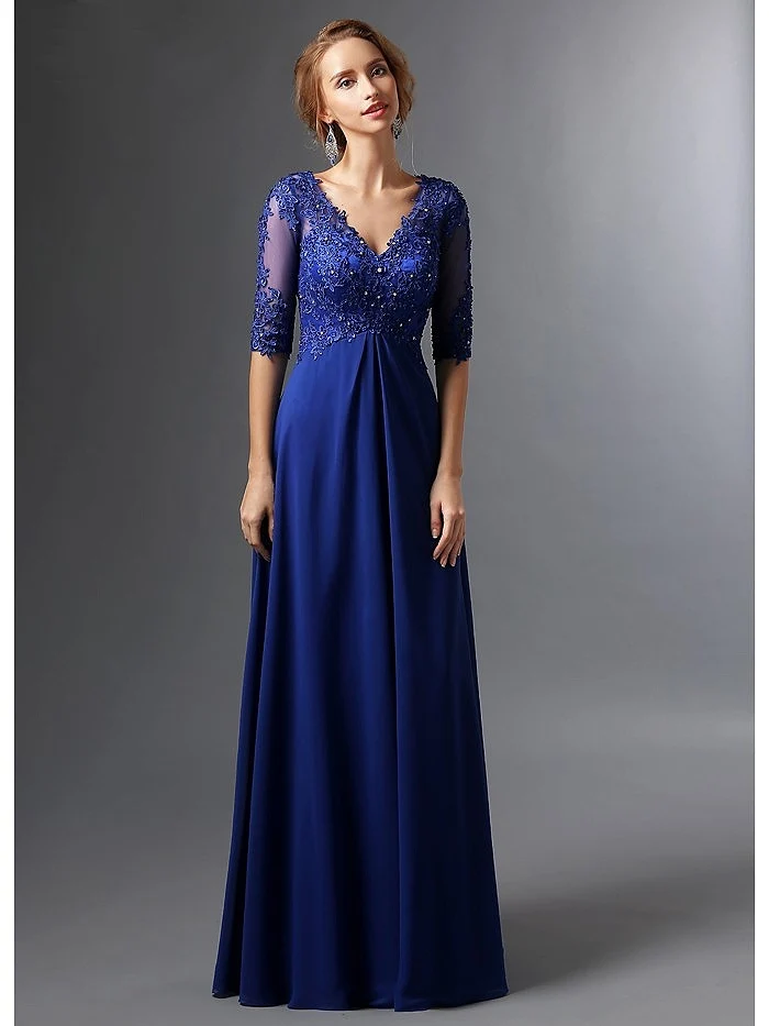 Royal Blue 2019 Mother Of The Bride Dresses A-line V-neck Half Sleeves Chiffon Lace Long Elegant Groom Mother Dresses Wedding