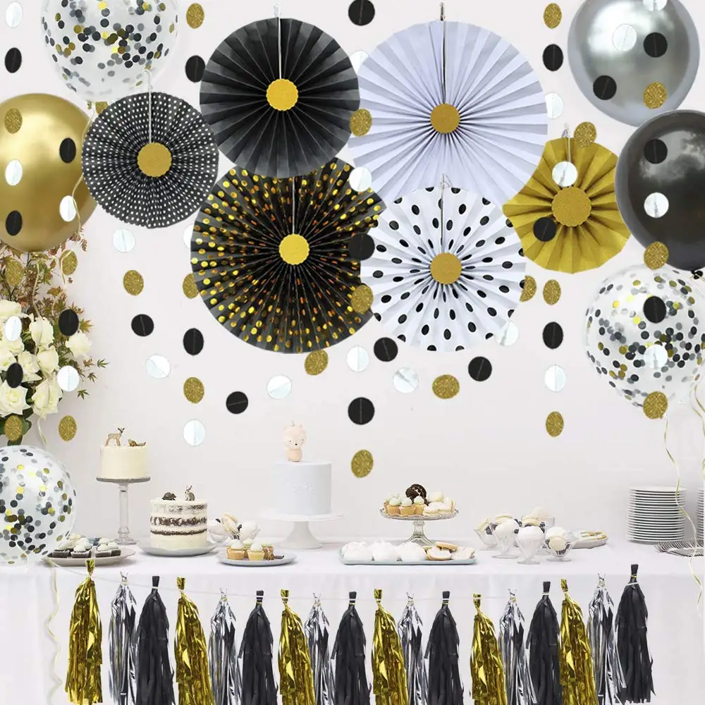 Graduation New Year Party Supplies Black Gold Silver Paper Cap Banner Hanging Paper Fan Flower Balloon Grad Party DIY Decoration