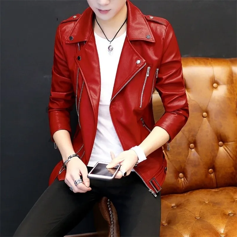 ฤดูใบไม้ร่วงหล่อ Mens Slim Fit Pu หนัง Punk สไตล์ Biker Faux หนัง Outwear ผู้ชายบุคลิกภาพซิปเสื้อสีขาว