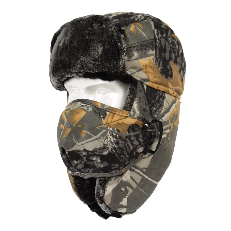 Winter Thick Camouflage Ushanka Outdoor Warm Caps Flight Trooper Hat Forest Camo Waterpoof Coldproof Hat Earflaps Mask Neck Flap