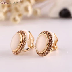 GRACE JUN Gold Color Stone Rhinestone Geometric Clip on Earrings for Women Popular Without Pierced Earrings Charm Jewelry 2019