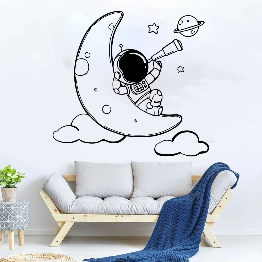 Cartoon Astronaut on The Moon Wall Decal Baby Nursery Kids Room Astronomy Outer Space Sky Star Wall Sticker Playroom Vinyl Decor