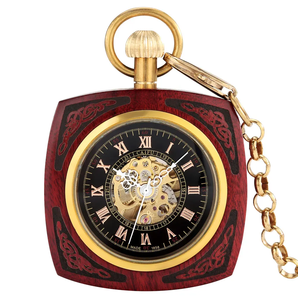 Square Eco-Friendly Red Sandalwood Mechanical Pocket Watch Classic Roman Numeral Black Dial Vintage Flip Cover Pendant Clock