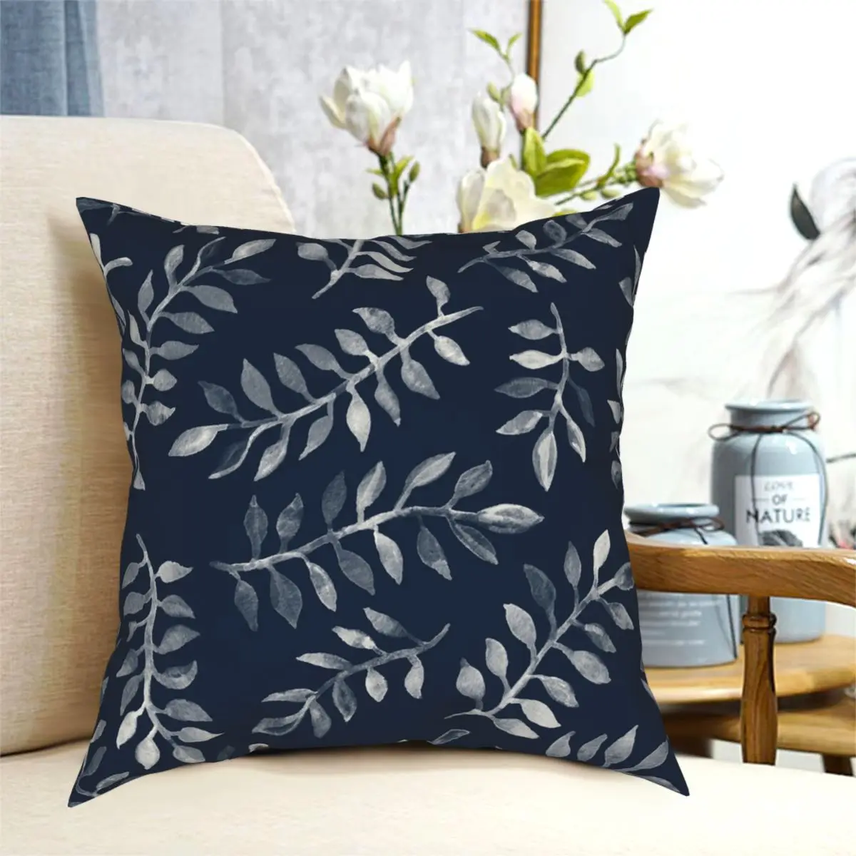 

White Leaves On Navy A Hand Painted Pillowcase Polyester Pattern Decorative Sofa Cushion Cover 18"