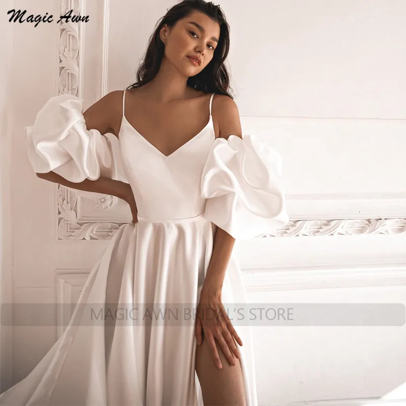 Magia awn elegante cetim vestidos de casamento lado dividir manga curta puff simples a linha laço-up voltar vestidos de noiva abito da sposa