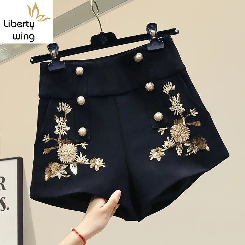 Donne Sexy A Vita Alta Doppio Petto Button Mini Signore casual Streetwear Paillettes Perline da Ricamo Gamba Larga shorts