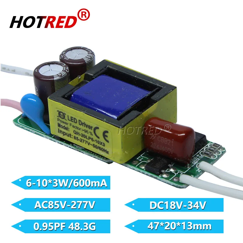 

10pcs 6-10x3w Constant Current Led Driver, 85-277V 600ma 6x3w 8x3w 9x3w 10x3w 20W Power Supply For LED Lamp light Transformer