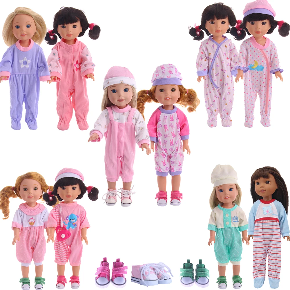 Doll-Clothes Cotton Pajama Print Jumpsuit Hat Canvas Shoes For 14.5 Inch American Paola Doll Wellie Wishers Accessories Girl Toy