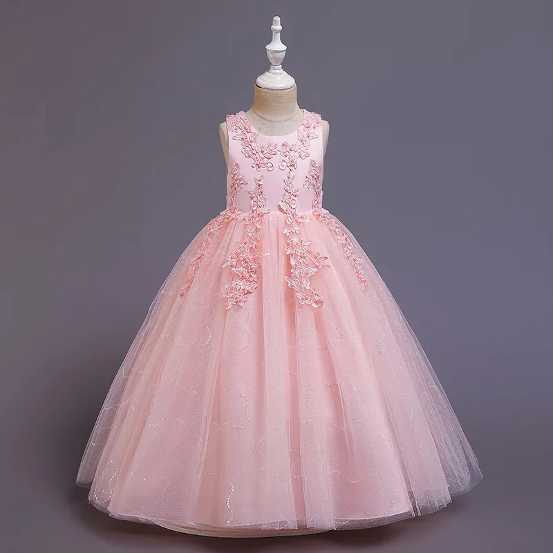 Vestidos de encaje para niñas, ropa de princesa bordada, fiesta de noche Formal, vestido de boda de flores