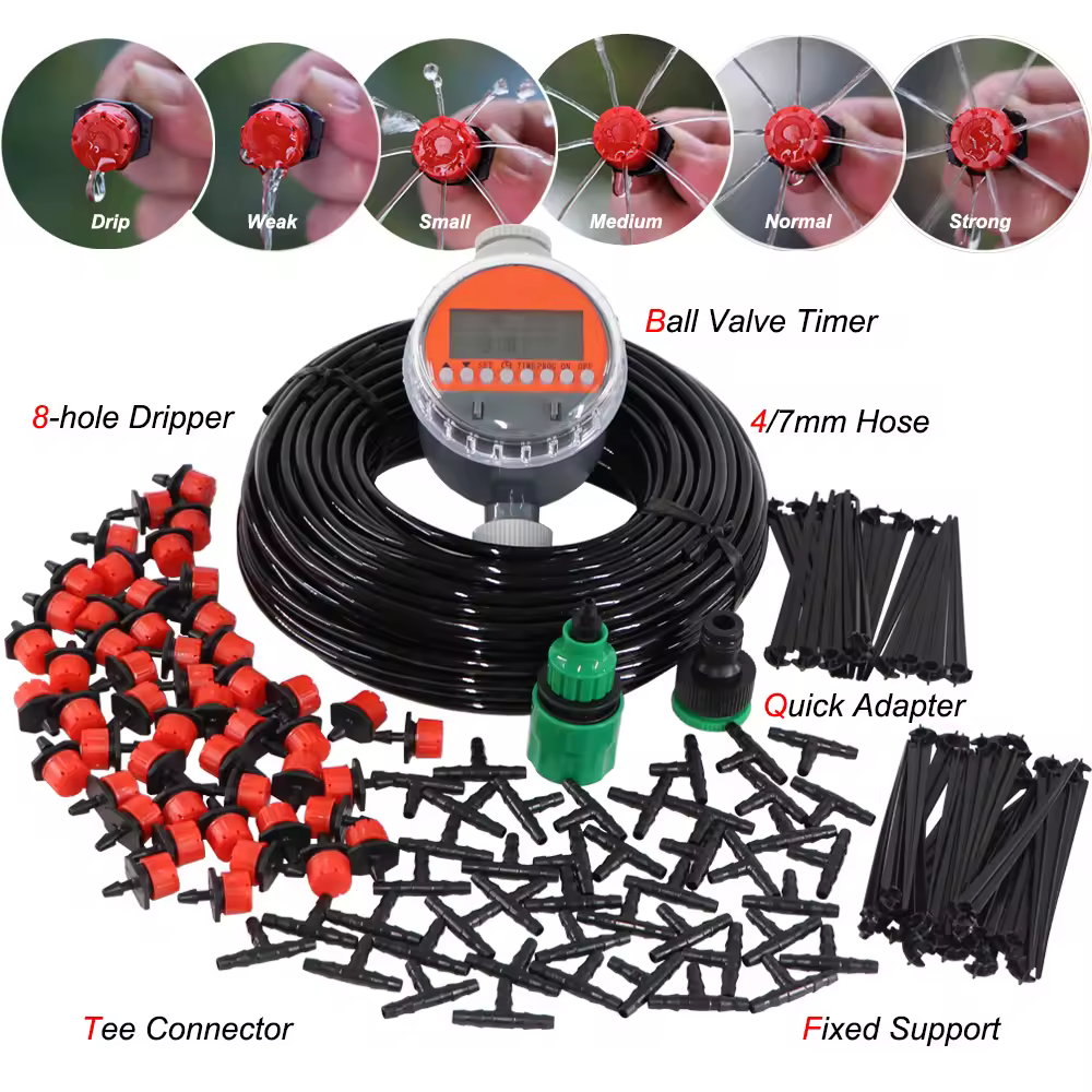 MUCIAKIE 5-50 Meters Ball Valve Timer Garden Watering System Irrigation Drip Kits Automatic Spray for Plants Adjustable Nozzles