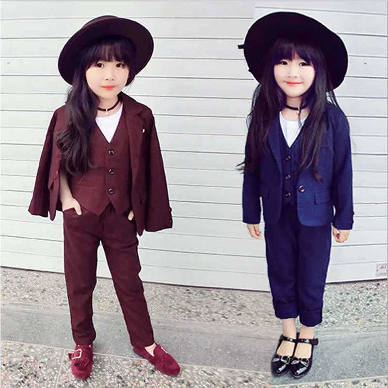 Girls Formal Jacket Vest Pants 3PCS Clothing Set Kids Birthday Party Wedding Suit Korea Children Performance Evening Dress