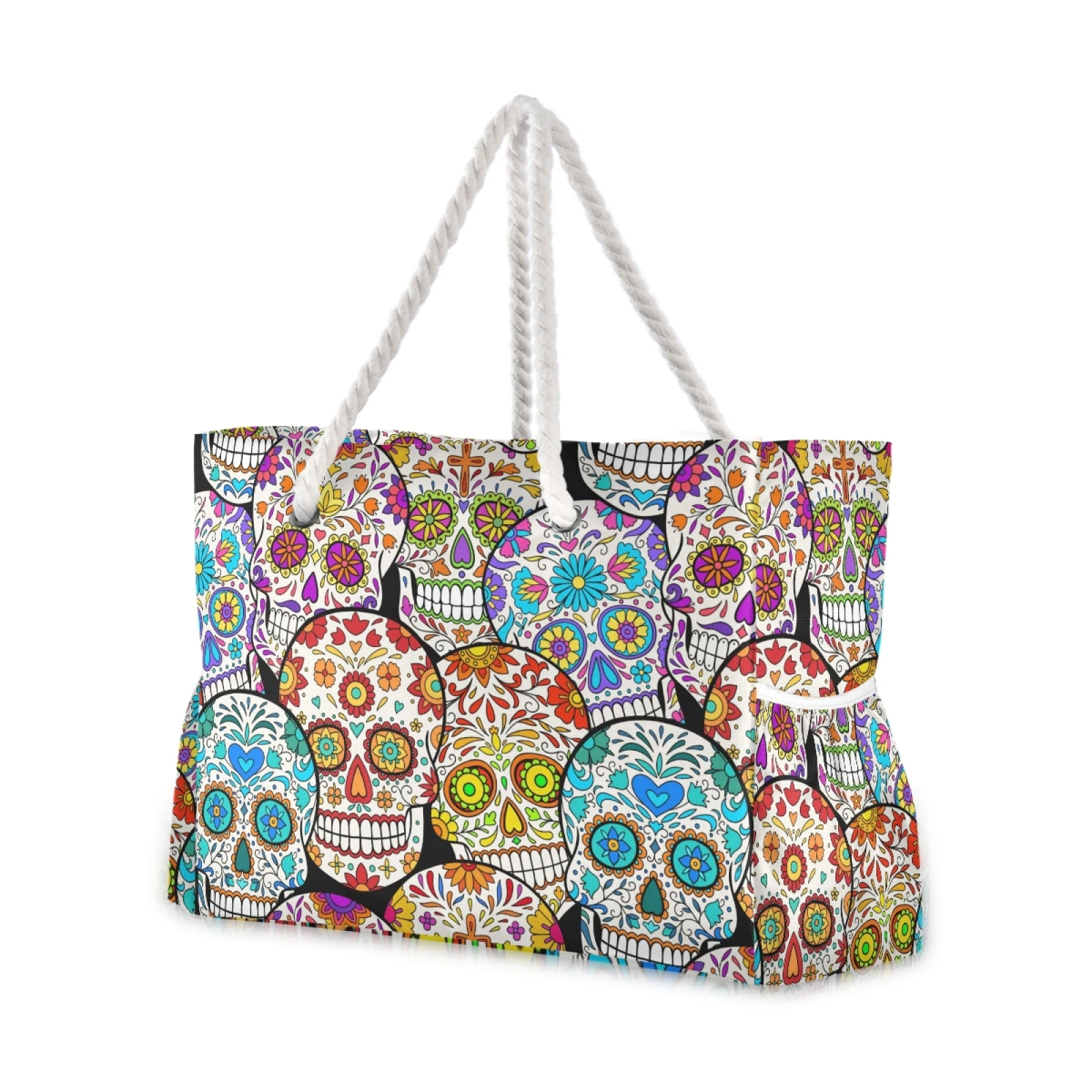 Classic Day Of The Dead Colorful Sugar Skull Printed Tote Bag Casual Tote Bag Foldable Shoulder Shopping Bag Reusable Beach Bag