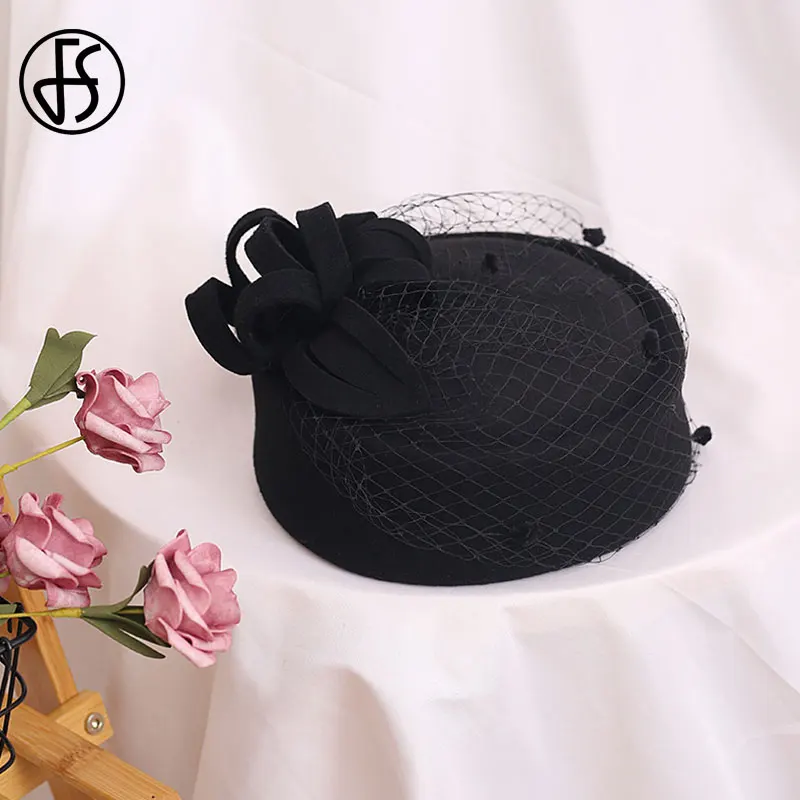 FS Elegant White Flower Veil Fascinator Hat Women Black Wool Felt Pillbox Hats Bridal Wedding Party Fedora Stewardess Church Hat