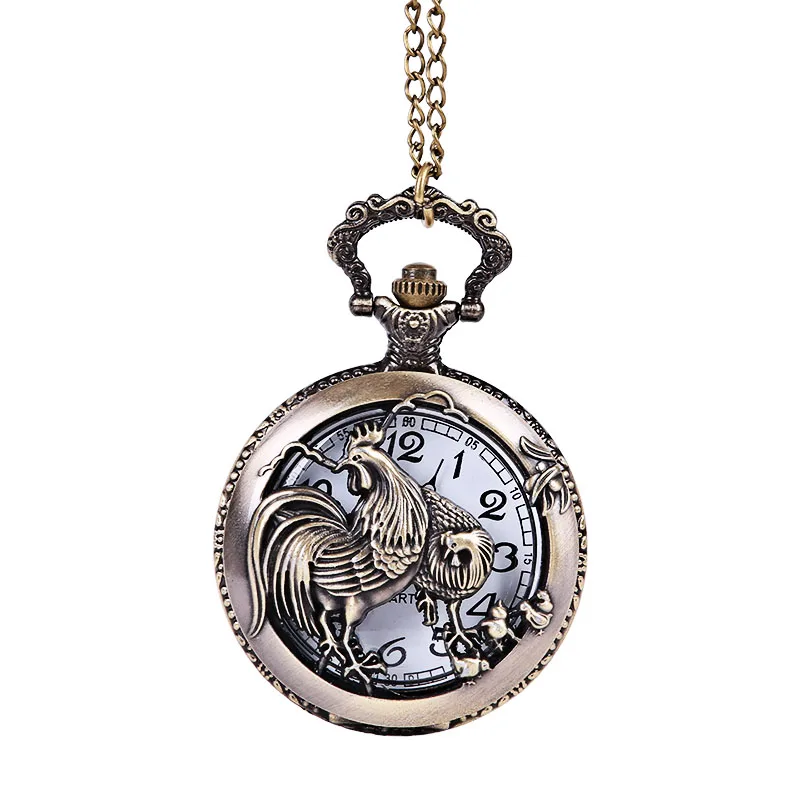 

Retro Trend Bronze Chinese Zodiac Chicken Perspective Pattern Open White Digital Pocket Watch Men's and Women's Accessories Chai