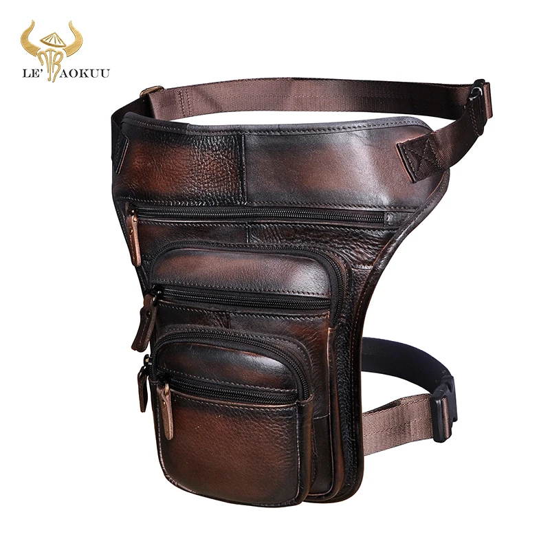 Hot Sale Original Leather Design Men Blue Messenger Mochila Bag Fashion Organizer Fanny Waist Belt Pack Drop Leg Bag Male 3111-c