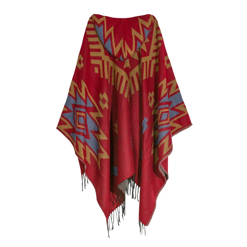 Women Autumn Winter Hippie Vintage Floral Gypsy Lady Tassel Capes Cardigan Hoodies Long Sleeve Ethnic Red Poncho Cloak