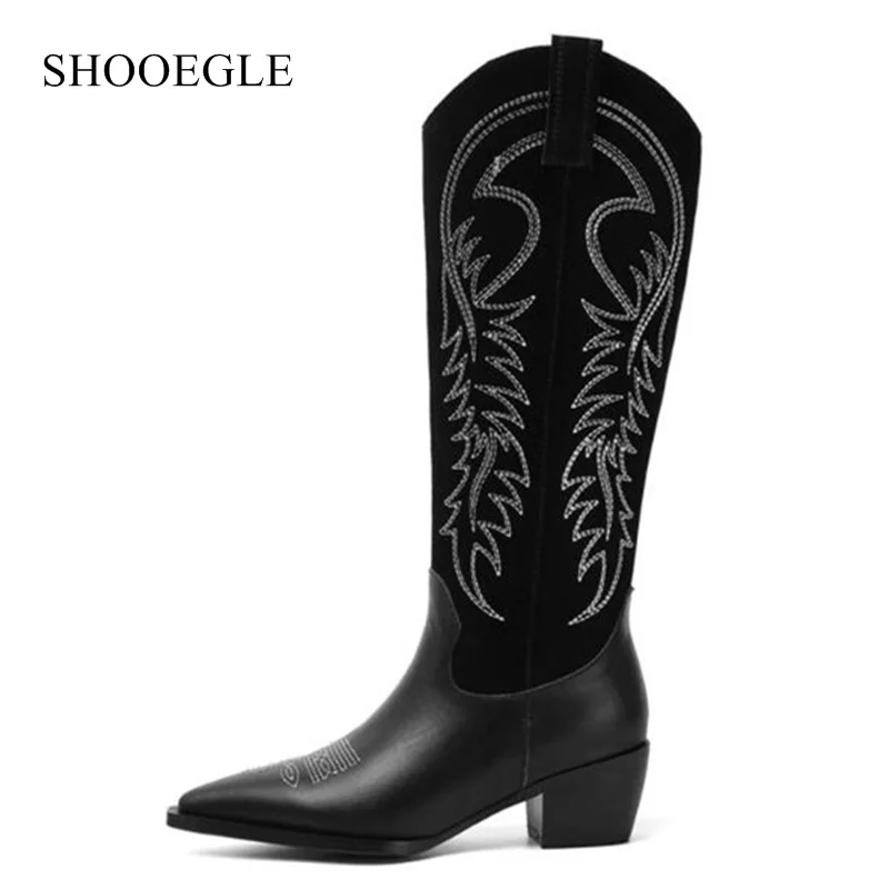 

Botas Mujer Denim Fabric Knee High Boots Women Embroidery Patchwork Motorcycle Booties Shoes Cowboy Western Boots Black Beige