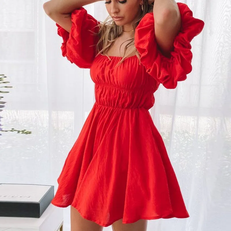 Kobiet elegancka z bufkami rฤkaw Mini sukienka Sexy Off ramiฤ solidna sukienka imprezowa lato sลodka pani elastyczny pas plaลผa sukienki Vestidos