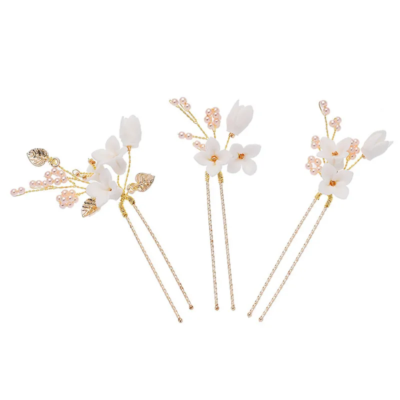 Pinzas para el pelo de novia con flores de porcelana blanca, joyería de perlas para mujer, horquillas de boda hechas a mano, accesorios