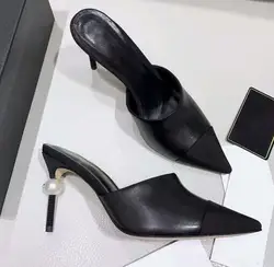 Carpaton Fashion Pointed Toe buty na wysokim obcasie mieszane kolory perły ozdoby cienkie czółenka Sexy muły buty czarny biały