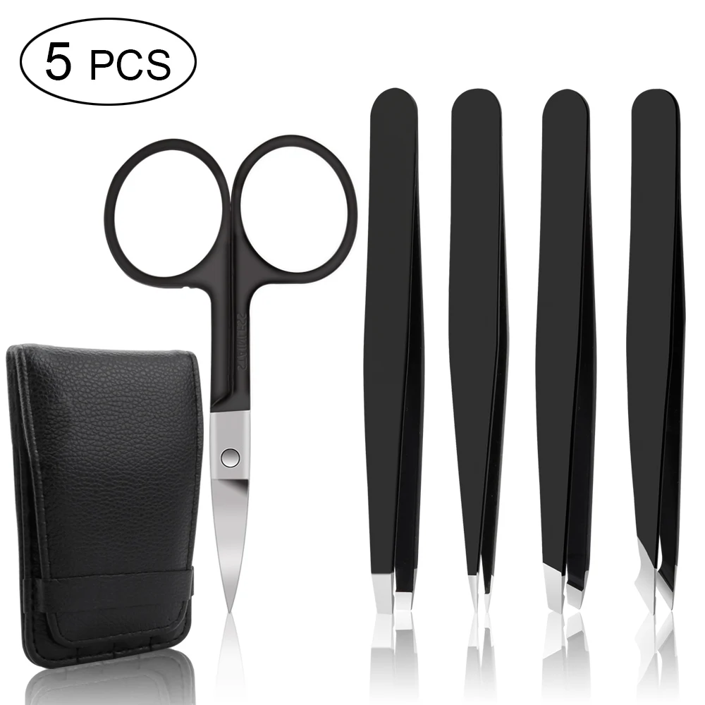 4/5Pcs Eyebrow Tweezers Set Professional Point Tip/Slant Tip/Flat Tip Stainless Steel Hair Removal Cosmetic Makeup Tool with Bag