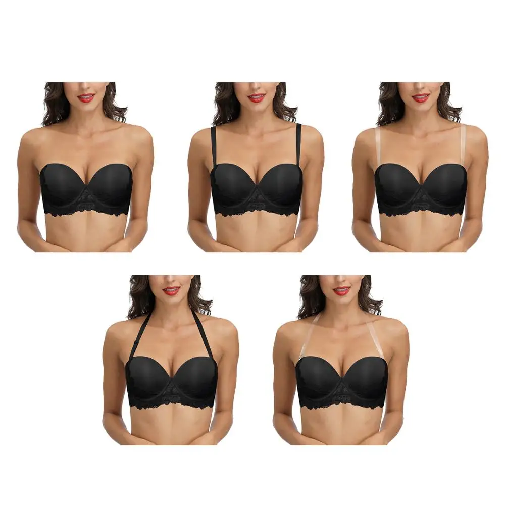 

YBCG Black Women Bra Strapless Multi-way Backless Convertible Underwear Thick Padded Push Up Bras for Women Add Two Cup Lingerie