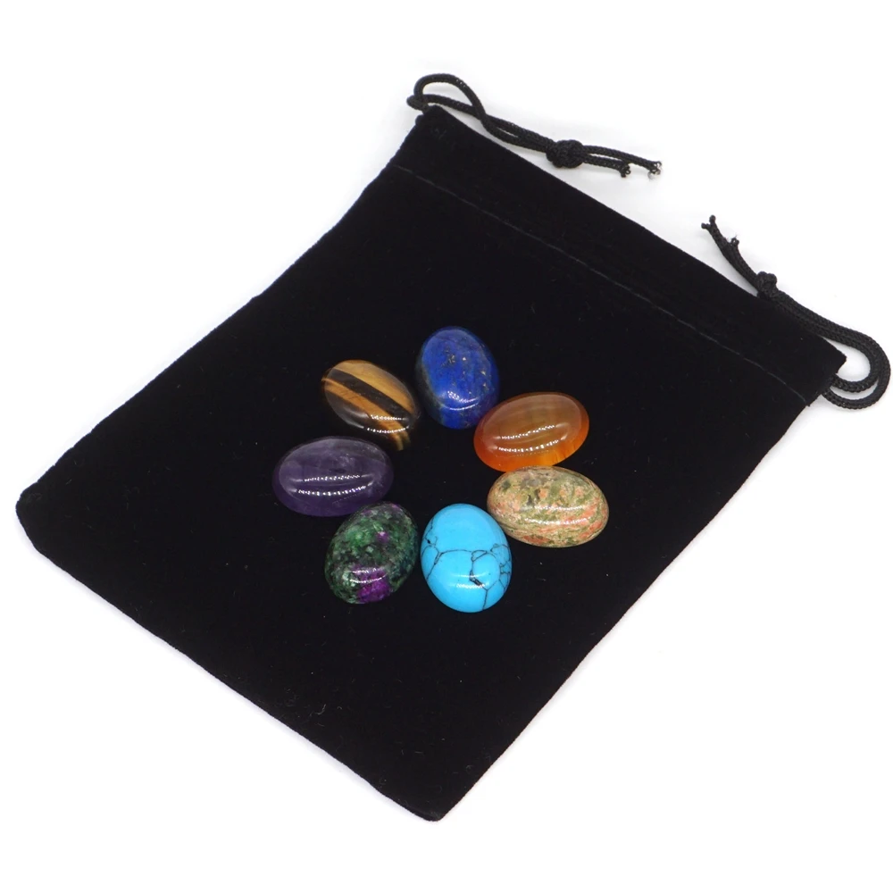 7 Chakra Gemstone Engraved Reiki Healing Quartz Crystal Oval Cabochon Flat Meditation Worry Spiritual Stones 1 Set