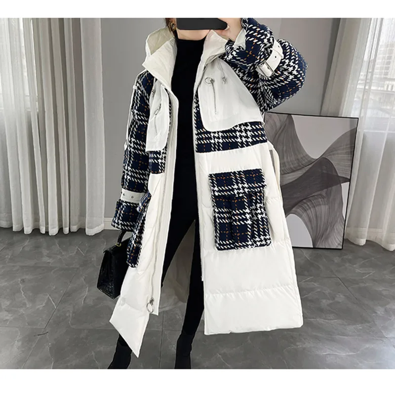 High-end White Stitching Down Jacket Women 2024 New Winter White duck down Hooded Coat With belt Female Warm Snow Outwear Parkas