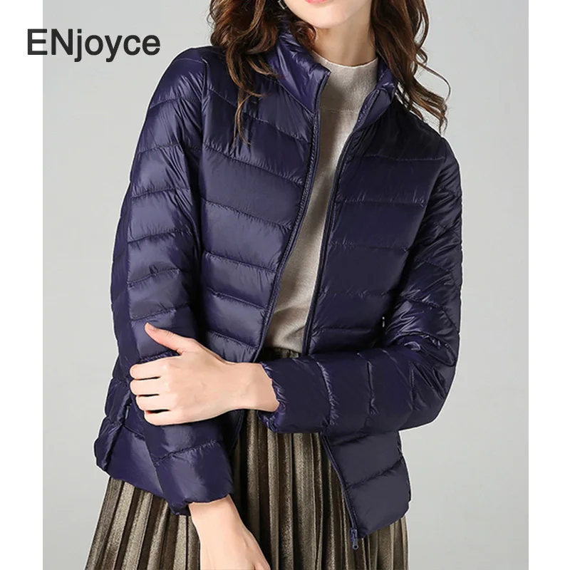 ENjoyce Women Stand Collar Zipper White Duck Down Jackets Fall Winter Korean Fashion Light Warm Large Size 7XL 8XL Cropped Coat