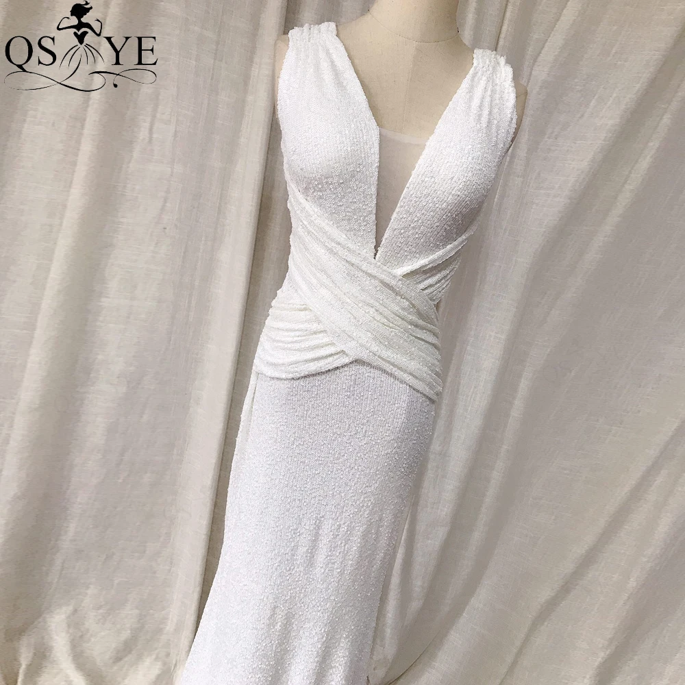 Vestido de novia blanco leche con lentejuelas, vestido de novia fruncido con cintura entrecruzada de sirena, cuello en V, Espalda descubierta, vestido de fiesta de novia de matrimonio