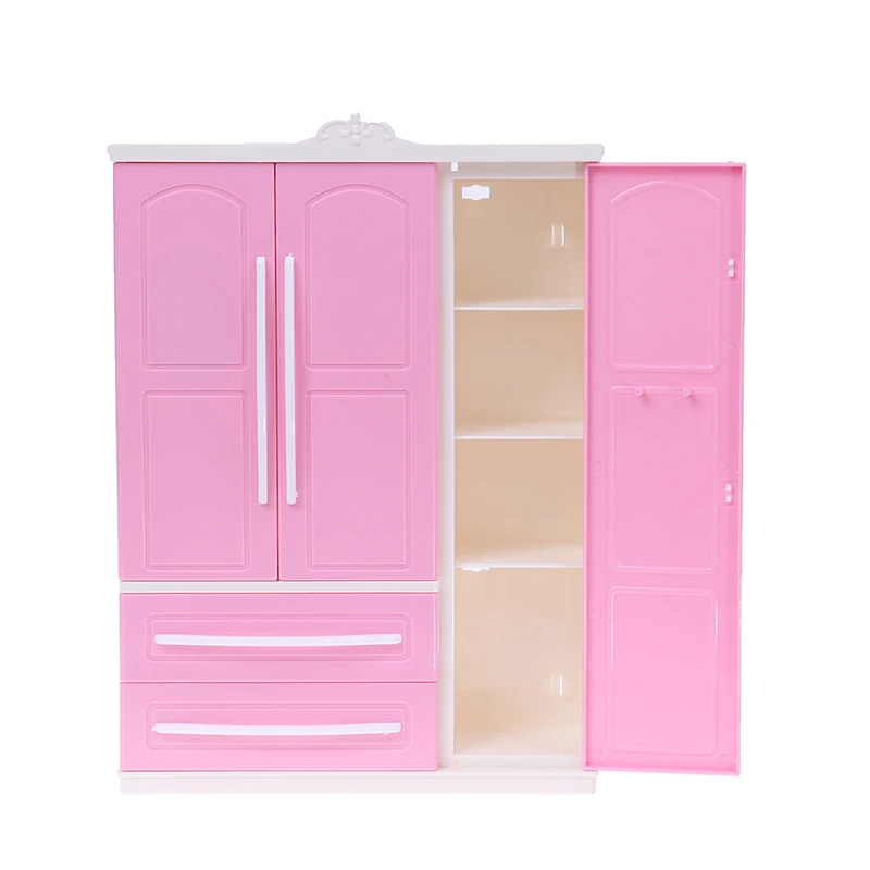 Three-door Pink Modern Wardrobe for Dolls Furniture Clothes Accessories Toys for Girls Baby Toy