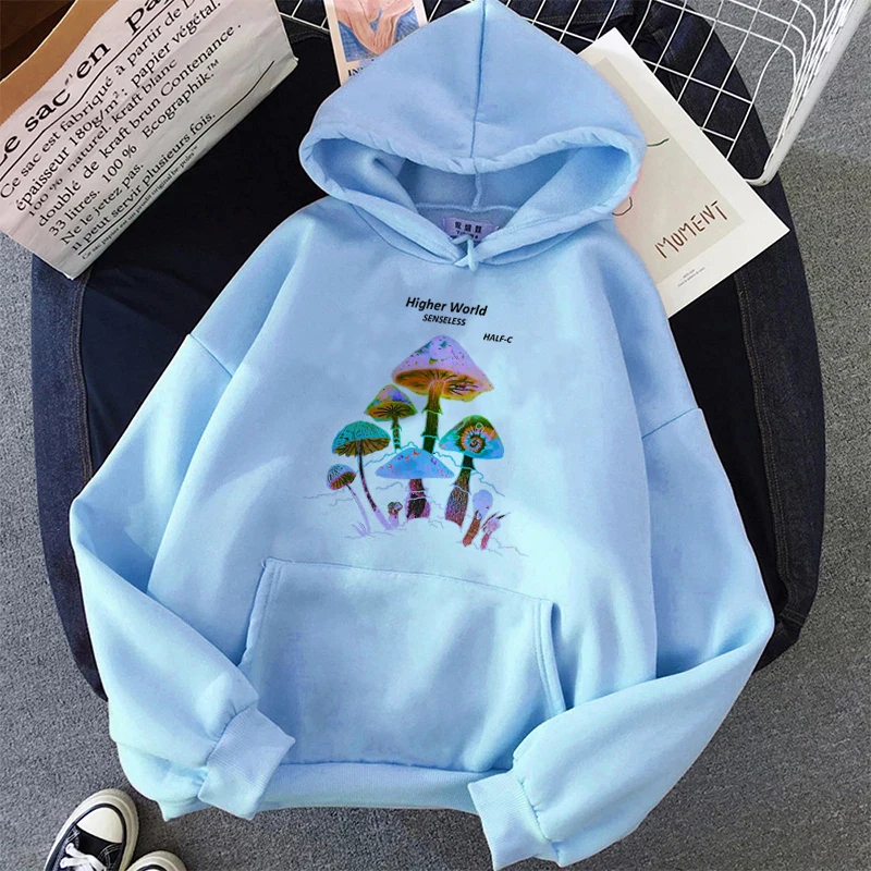 Women\'s blouse Cute Colorful Mushroom Print Korean Fashion Casual Oversize Vintage Letter Hoodie Winter Goth Harajuku Sweatshirt