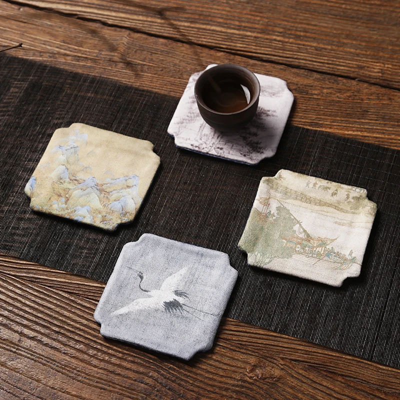 Chinese Zen Cup Coaster Cotton Fabric Printed Forbidden City Qianli Jiangshan Insulation Cup Cup Holder Cushion Tea Ceremony