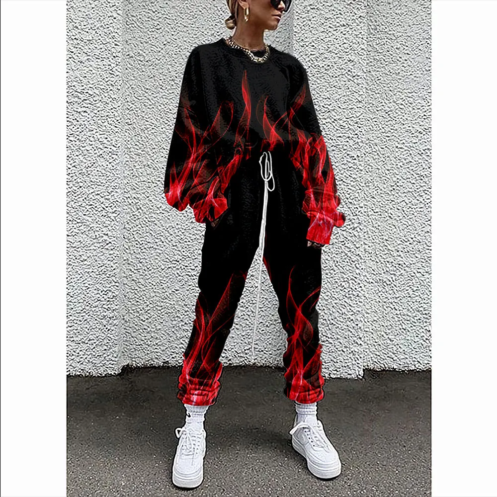 Flame Print Women Clothing Solid Color Long Sleeve Loose Blouse Pant Autumn Winter Tracksuit Outfit 4XL Warm Clothes