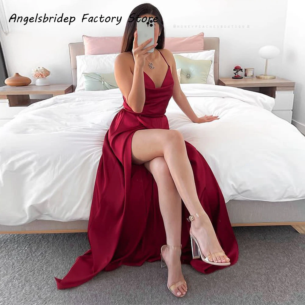 

Angelsbridep Prom Dresses Long 2022 V Neck Burgundy High Split Satin Spaghetti Straps Evening Gowns Mermaid Robes De Soirée