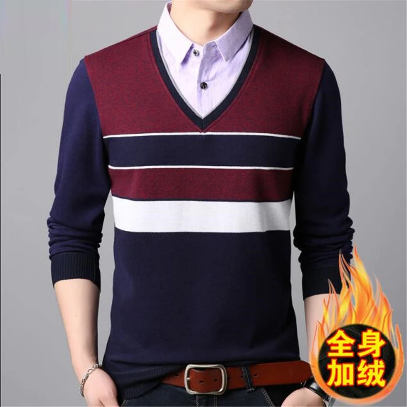 Mens Sweaters Fake Shirt Stripe Knitted Man Sweater Triangle Fashion Casual Cotton Autumn Collar Keep Warm Winter Pull Homme