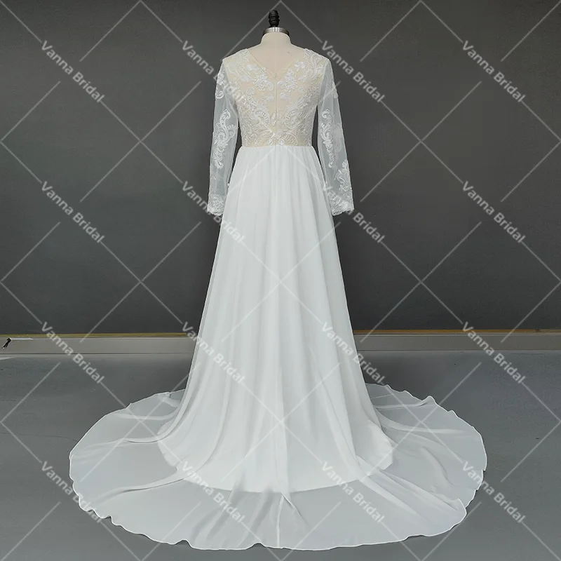 Robe de mariée en mousseline de soie, manches longues ajustées, col Bateau, rustique, Boho, Floral, dentelle, plage, ligne A, grandes tailles