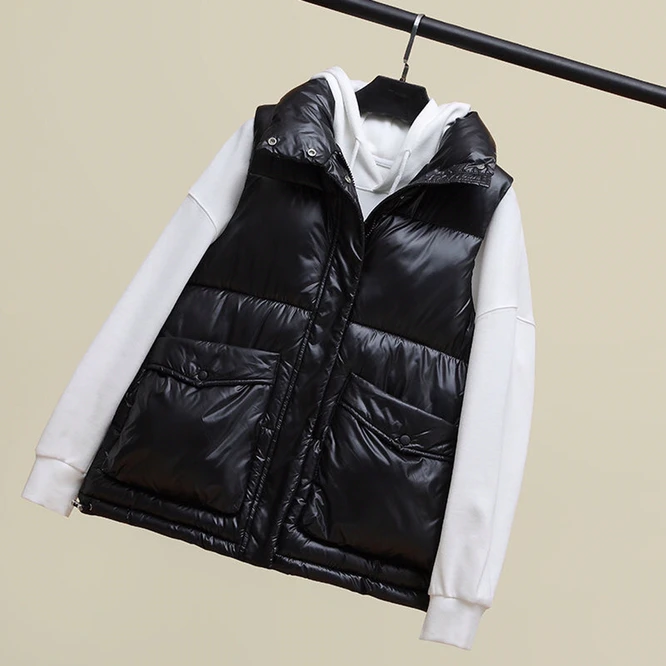 

2021 New Women's Autumn Winter Down Cotton Stand Collar Bright Fabric Vest Zipper Girls Leisure Vest Outdoor Warm Coat Black