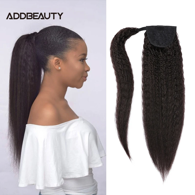 

Ponytail Human Remy Hair Yaki Kinky Straight Clips in Brazilian Human Hair Extension Wrap Around Drawstring Head Wear Hairpiece