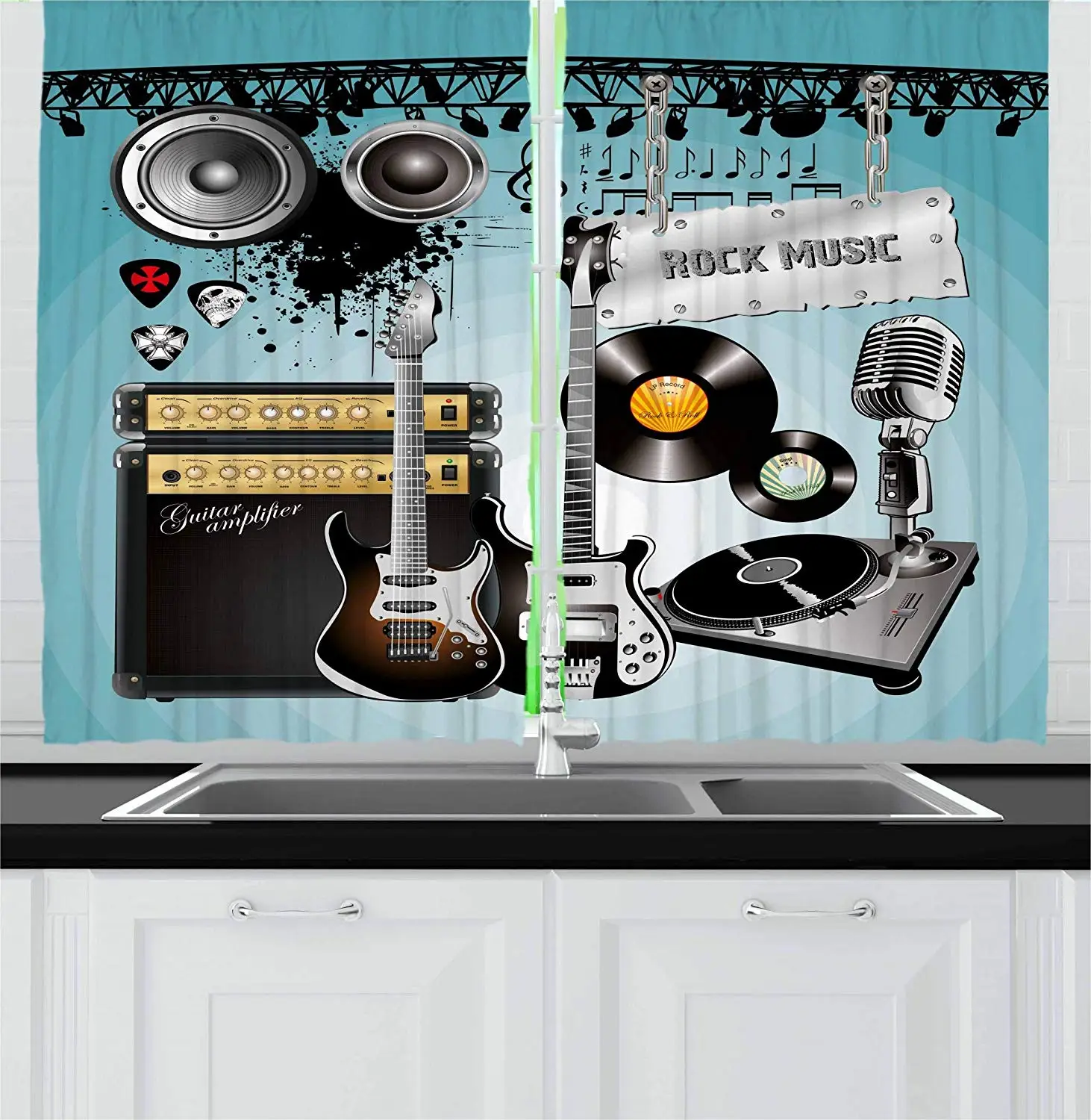 Rock Music Curtains Concert Pattern Guitars and Records with Giant Speakers Ornamental Arrangement Window Drapes for Living Room