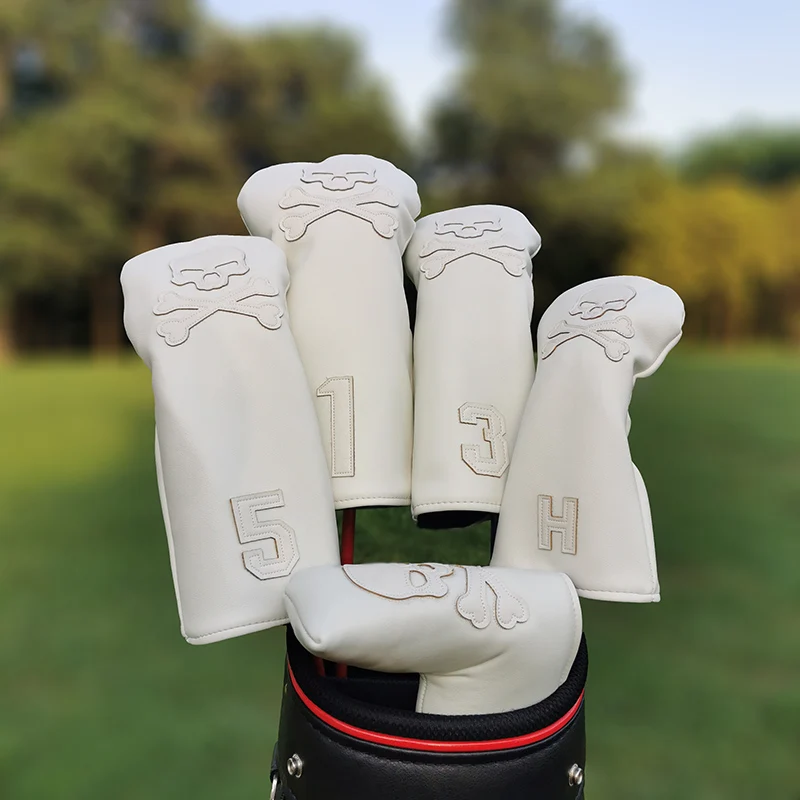 Juego de fundas de cuero para cabeza de club de golf, cubierta de conductor de Calavera, cubierta de madera de fairway, cubierta de taco mixto