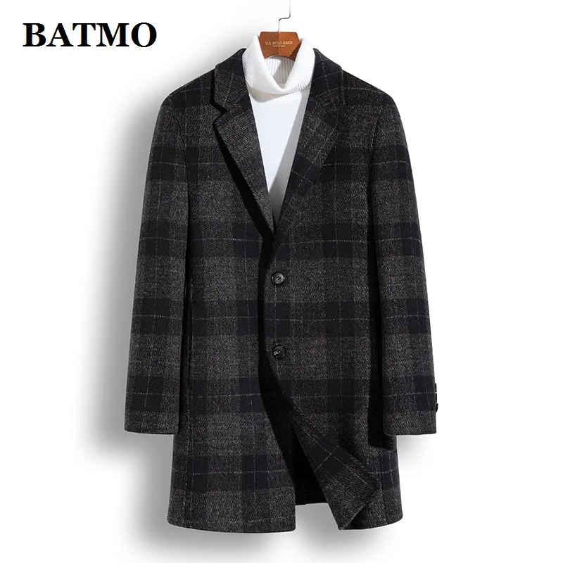 

BATMO 2020 new arrival winter wool plaid trench coat men,90% white duck down liner jackets men,20A095