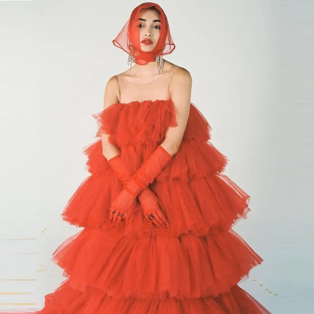 Charming Red Puffy Tulle Dresses Women Party Formal Event High Street Tiered Fluffy Tulle Dressing Gowns Custom Made