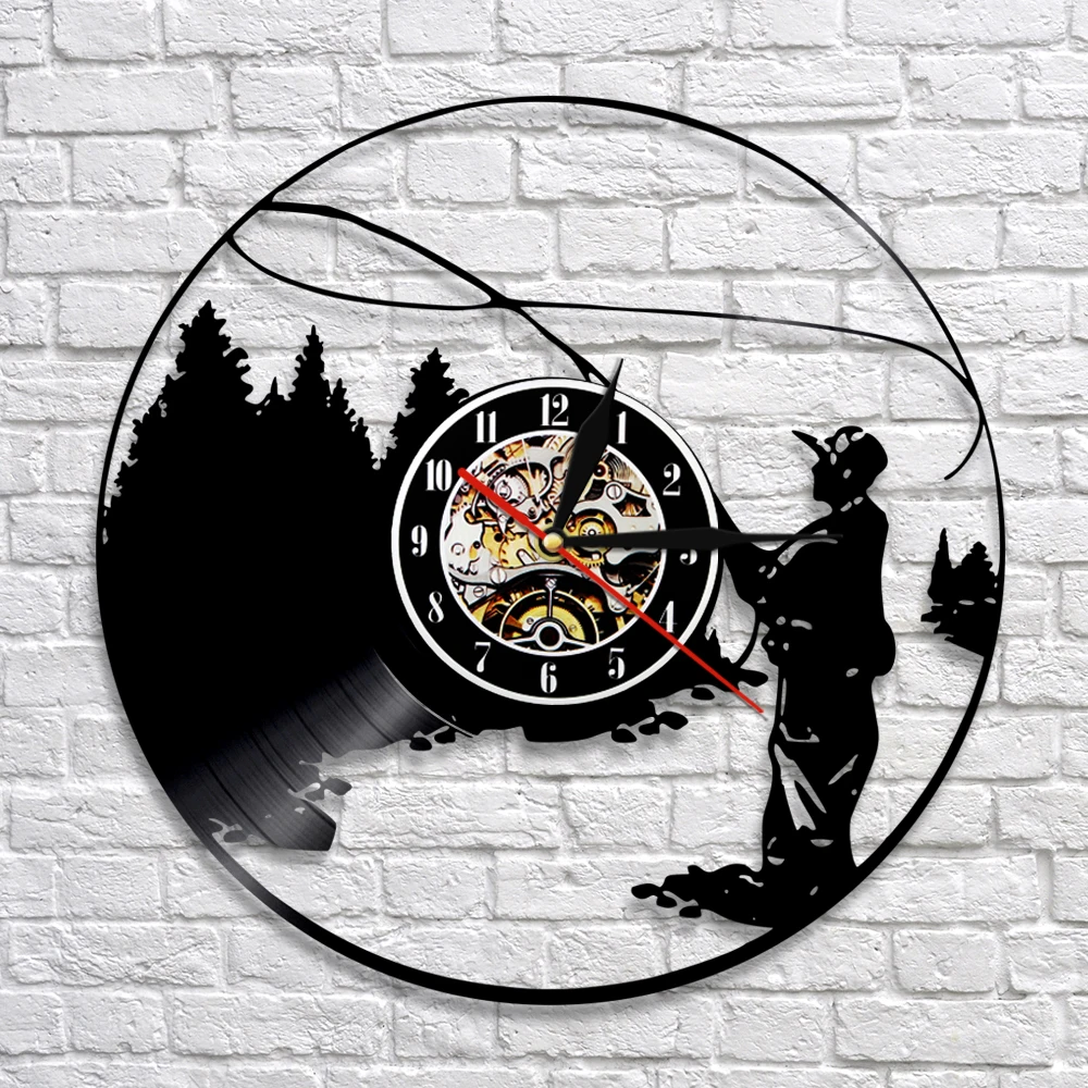 Fisherman Lake Scene Modern Wall Clock Gone Fishing Vinyl Record Wall Clock Time Clocks Creative Handmade Gift For Fishermen