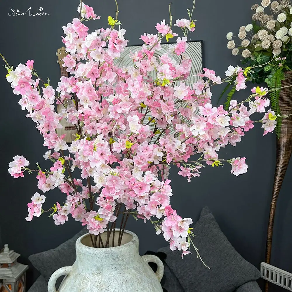SunMade 4-Fork Cherry Blossom Long Branch Silk Artificial Flowers Pink White Flower Home Wedding Garden Decor Flores Artificales