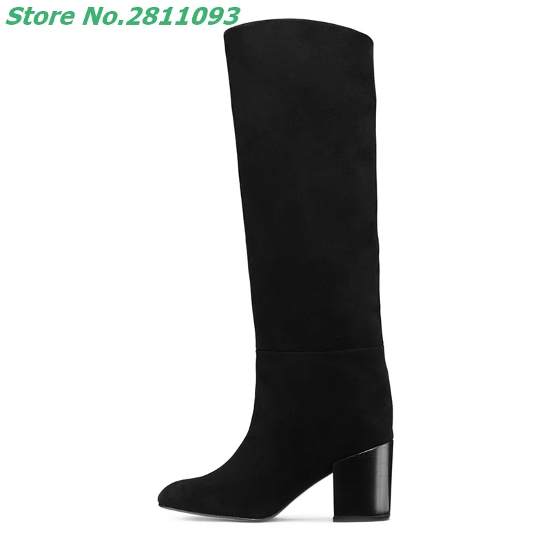 Block Heel Knee High Boots Concise Pointed Toe Slip On Solid Black Leather Suede New Arrivals Runway Women Boot Classic