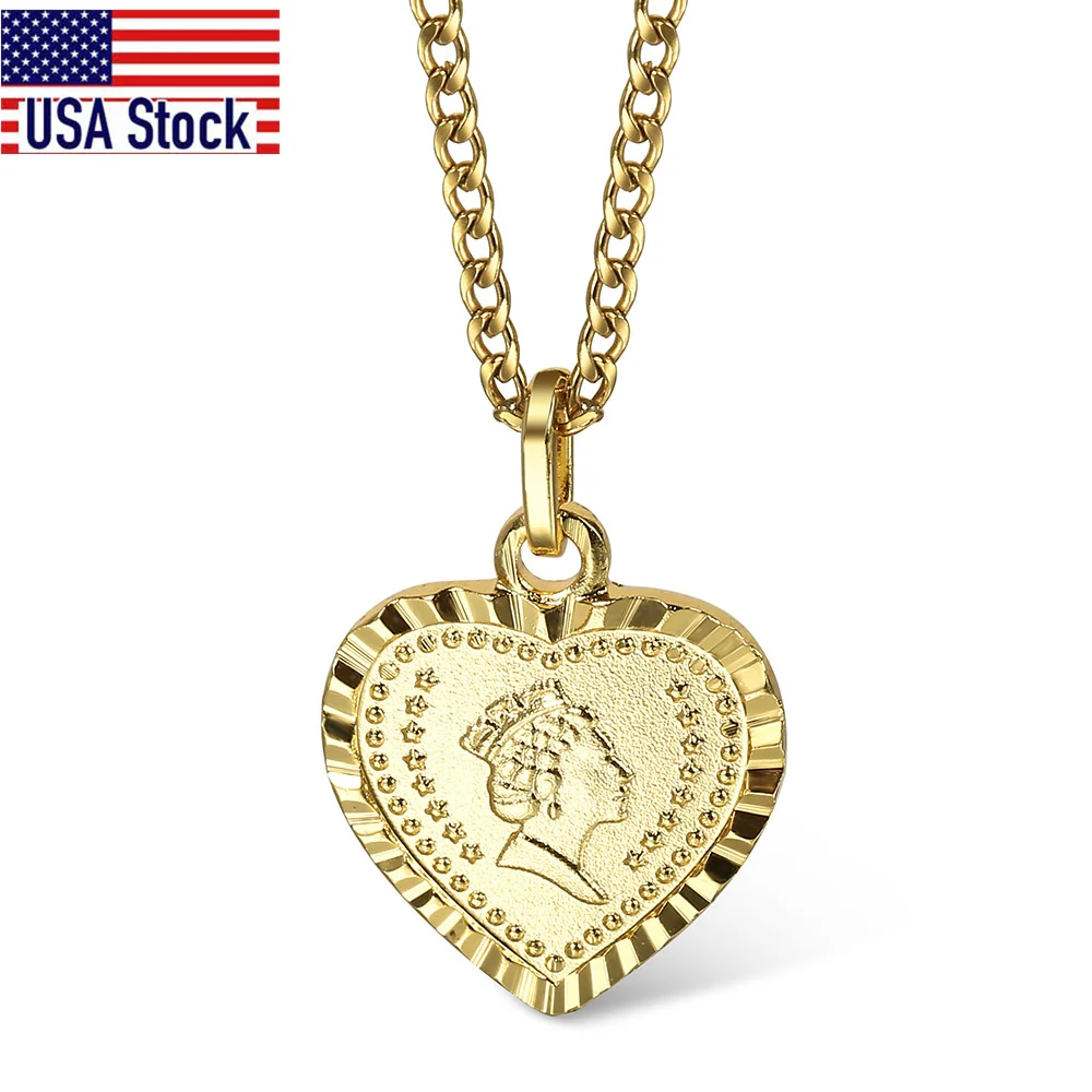 Vintage Heart Queen Elizabeth Portrait Pendant Necklace for Women Girls Gold Color Stainless Steel Curb Chain Adjustable GP429